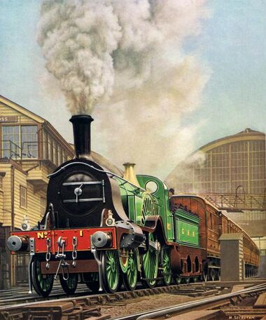Painting by M. Secretan of a "retro" Flying Scotsman-styled special excursion, hauled by Stirling Single locomotive No.1, and based on the train of 1888. Reproduced in The Railway Magazine, January 1939