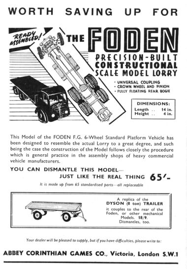 1958: Abbey Corinthian Foden lorry advert, Meccano Magazine