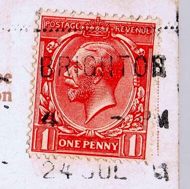 George V "One Penny" stamp, postmarked BRIGHTON