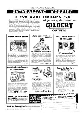 Advert for Gilbert Outfits, illustrating the range of smaller product lines sold by Gilbert (Meccano Magazine)
