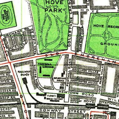 1939 map excerpt, showing the football ground directly south of Hove Park, separated by Old Shoreham Road. Note the proximity of Hove Station just to the Southeast.