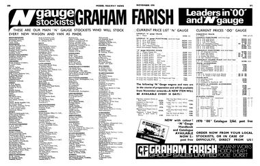 1970: Graham Farish Stockists, double-page spread advert in Model Railway News