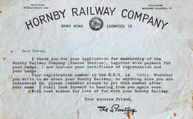 Membership confirmation letter, Hornby Railway Company