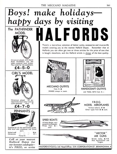 1933: Full-page advert for Halfords, in Meccano Magazine