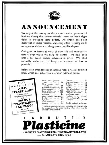 1939: Harbutt's Plasticine, range (trade advert)