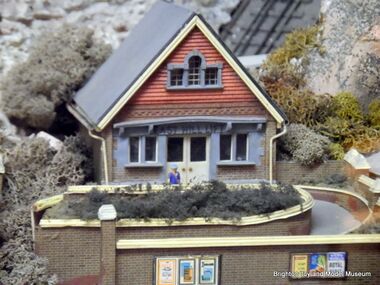 Hastings Funicular Railway, model, lower building, before the model's 2014/5 renovation. Note the severely greying vegetation.