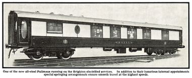 1933: First-Class Pullman car Hazel. "One of the new all-steel Pullmans running on the Brighton electrified services. In addition to their luxurious internal appointments special springing arrangements ensure smooth travel at the highest speeds."
