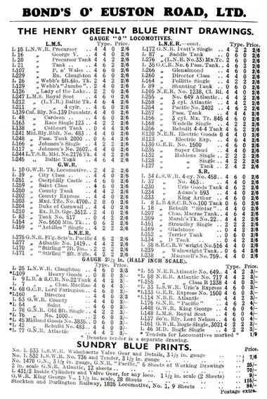 A page listing Henry Greenly loco designs, in gauge 0 and 2.5-inch gauge, from a 1946 Bond's of Euston Road catalogue