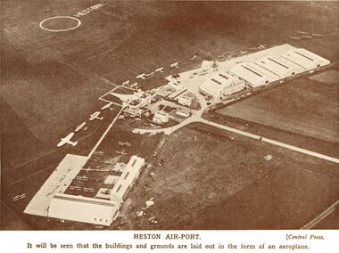 Early 1930s: Heston Air Park as seen from the air, showing the "aeroplane"-shaped layout. Compare to the map above: the buildings are now Parkway Trading Estate, and the access-road "tail" is now Aerodrome Way