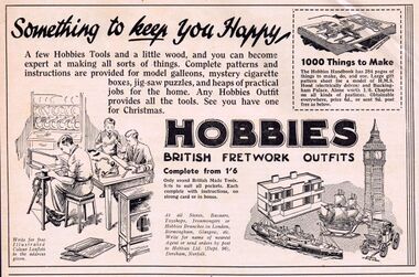 Hobbies advert, including a line drawing of a boy working a Hobbies treadle-driven fretwork machine