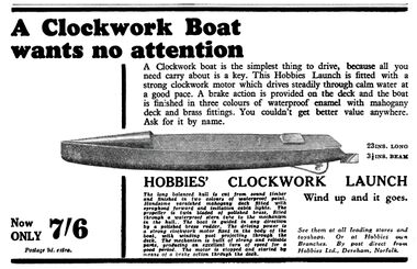1931: "A Clockwork Boat wants not attention". Hobbies Weekly, July 1931