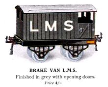 The LMS Brake Van (with no chimney) that presumably replaced this GNR-marked version, from The Hornby Book of Trains, 1925.