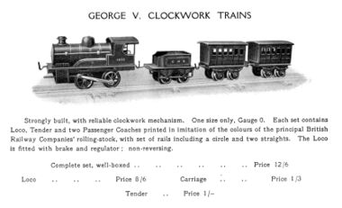 "The Magic Carpet" catalogue image. The Tin Printed Clockwork Trains are now referred to generically as "George V Clockwork Trains", even though they are available in different liveries