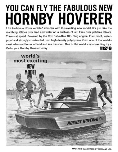 1964: Hornby Hoverer hovercraft, powered by a Cox Babe-Bee Glo-Plug engine
