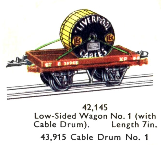 File:Hornby Low-Sided Wagon No1 (with Cable Drum 43,915) 42,145 (MCat 1956).jpg