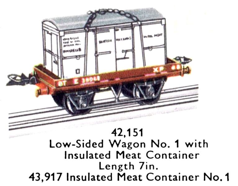 File:Hornby Low-Sided Wagon No1 (with Insulated Meat Container 43,917) 42,151 (MCat 1956).jpg