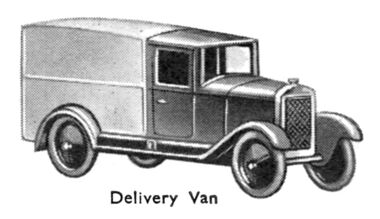 1933 illustration of the Hornby Modelled Miniatures 22d Delivery Lorry, the casting of which was reused for the No.28 set. The illustration doesn't appear to show the "top staple" detail