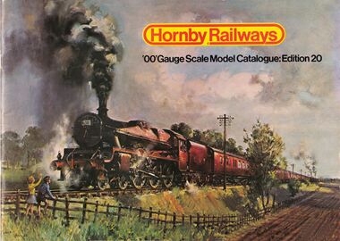1974: Hornby Railways catalogue 20 front cover. The logo changes again - it still has rounded ends, but there's now a single font and background colour across the panel, without the earlier central division. The border is now an extension of the descenders on the "y" letters. This is the last "Cuneo" cover, and unlike ealier catalogues, doesn;t give any details of the painting inside the front cover.