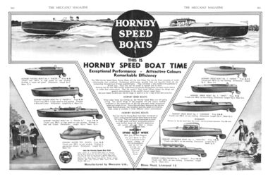 July 1934: "Hornby Speed Boat Time", double page centrespread advert in Meccano Magazine, July 1934