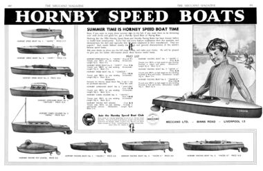 June 1934: "Summer Time is Hornby Speed Boat Time" - another double-page advert centrefold, from 1934. The scale of the boat is somewhat exaggerated...