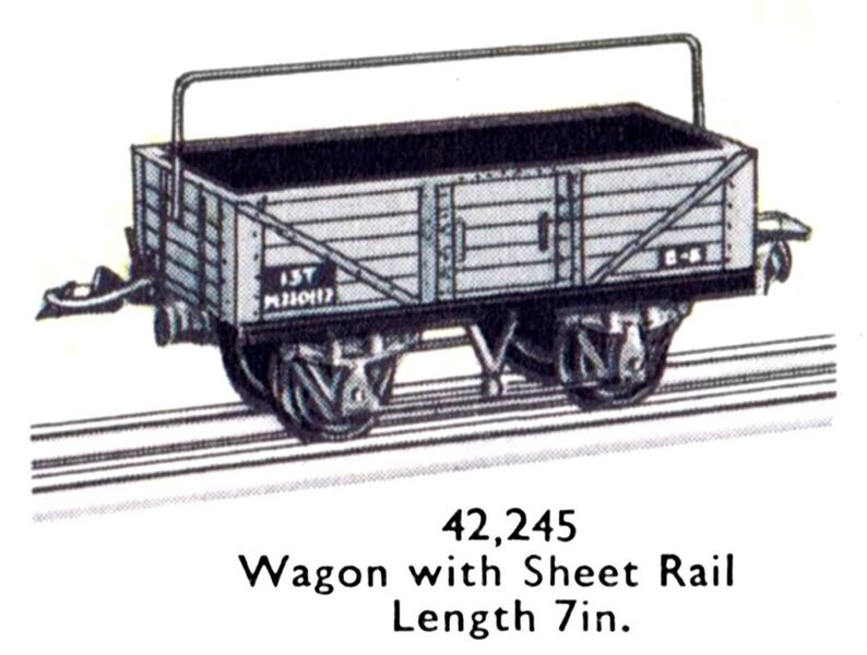 File:Hornby Wagon with Sheet Rail 42,245 (MCat 1956).jpg