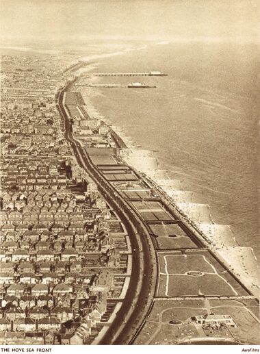 1936: aerial view of Hove seafront with the West Pier and Palace Pier in the background (photo credit: Aerofilms)