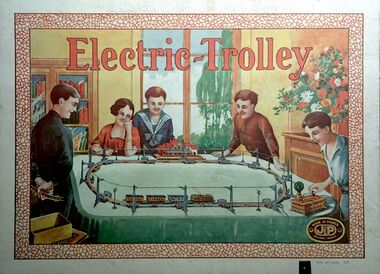 Jouet de Paris train set box artwork, an early predecessor of 00-H0 gauge (with a live mains electricity overhead rail!)