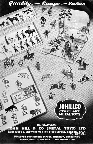 1956 trade advert for Johillco (John Hill & Co) hollowcast lead toys