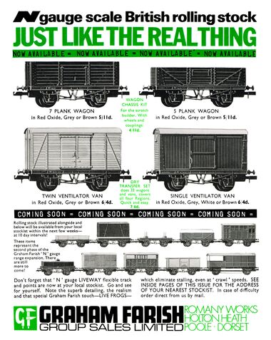 1970: Advert: "Just like the real thing". Note that only four of the range of wagons are claimed to be available at this point, the rest are "coming soon" (Model Railway News, November 1970 issue)