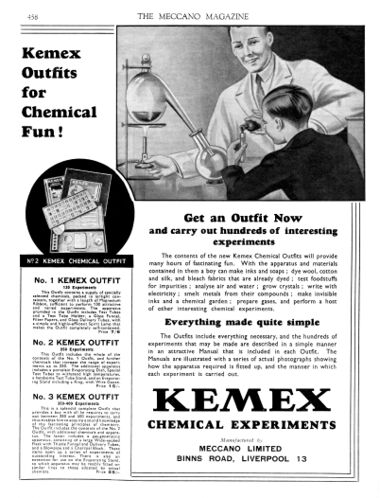 A full-page advert for Kemex Outfits - "KEMEX OUTFITS for Chemical Fun!". Note the Meccano-like typeface, especially the letter "M"