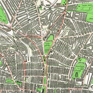 1939: Map showing the Kemp Town Line, between Brighton Station (middle left) and Kemp Town Station (extreme bottom right corner, down and to the right of Queens Park)