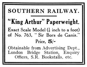 1925 Southern Railway advert for King Arthur locomotive paperweights