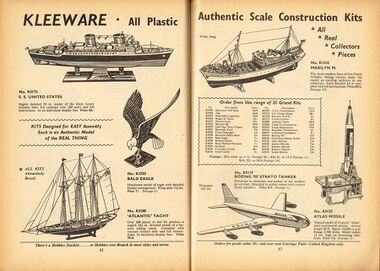 1960: Kleeware All Plastic Authentic Scale Construction Kits. Double-page listing in Hobbies Annual