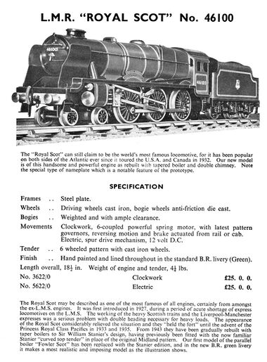 1954: Bassett-Lowke catalogue entry, LMR 46100 Royal Scot