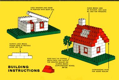 ~1964: Lego instructions, for roofs with and without the new roof bricks