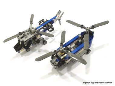 The two alternative helicopter models from Lego Technic set 42020, side by side
