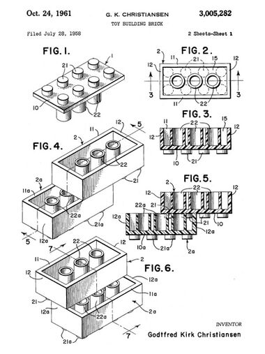 1958: The 1958 UK patent for the improved, redesigned Lego brick (approved 1961)