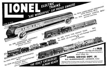 Lionel Electric Trains 1936 advert in Meccano Magazine, showing the train