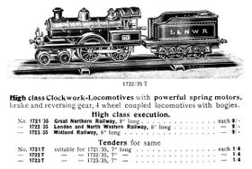 1911 Carette catalogue entry, describing GNR, LNWR and Midland Railway versions of the loco, and picturing the "LNWR 513" version
