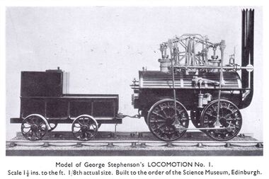 1934: Eighth-scale model of Stephenson's Locomotion No.1 steam locomotive, made for the Science Museum in Edinburgh