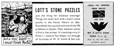 December 1939: "'Arf a mo', Adolf – I must finish No.62!", wartime advert for Lotts Stone Puzzles