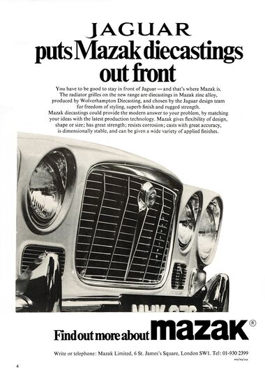1969: Advert by Mazak Limited showcasing the fact that Jaguar's radiator grilles used the alloy