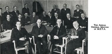 The first annual general meeting of the META (Model Engineering Trade Association), at the Great Eastern Hotel, Liverpool Street, London. W.J. Bassett-Lowke is in the back row, second from the right
