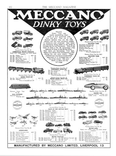 1934: Full-page advert for the early range (Meccano Magazine). Note the lead-cast first-issue staple-top delivery vans, top right.