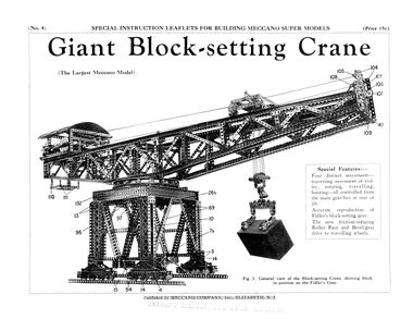 Front cover of the leaflet/manual for Meccano Super Models No.4 - Giant Block-setting Crane
