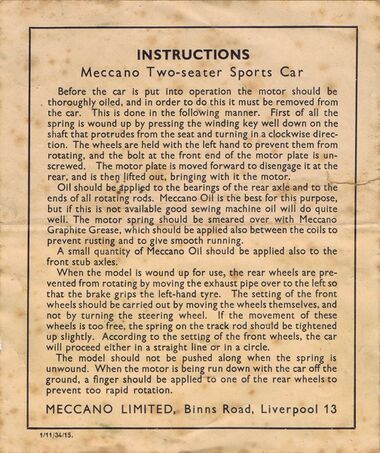 1934: Instructions for servicing and maintaining the Meccano Two-Seater Motor Car