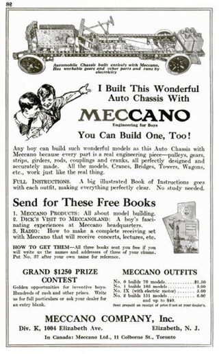 US advert for Meccano, announcing free copies of "Dick's Visit to Meccanoland", Popular Mechanics, 1922