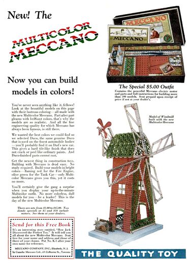 1926: advert. The 1926 launch of coloured Meccano applies in the US as well as Europe, justifying the cost of a colour advert. The US ad stresses that their paint is made by "Duco", a US car paint manufacturer. The address is still Elizabeth, New Jersey.