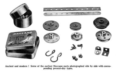 Early "Mechanics Made Easy" pieces alongside their "modern" 1932 counterparts, Meccano Magazine