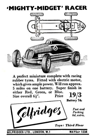 1949: Mighty Midget Racer, Selfridges advert in Meccano Magazine